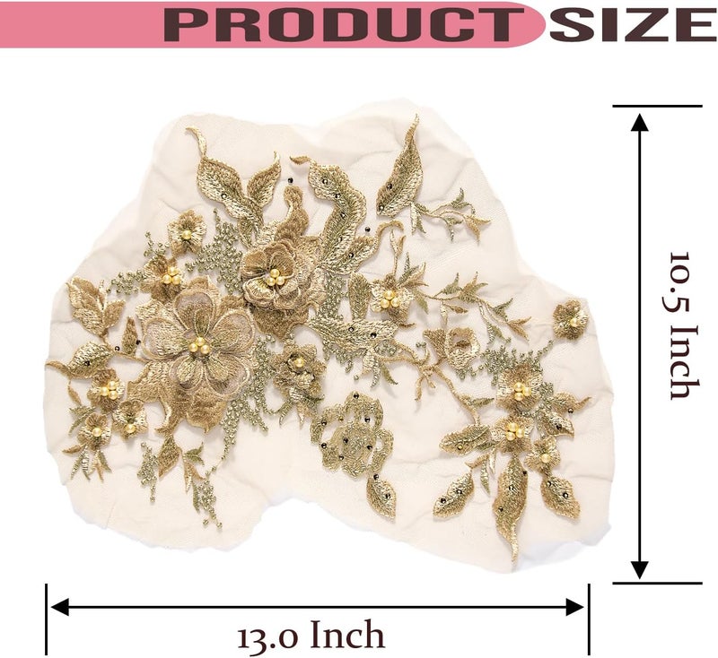 Silvora Colorful Flower Fabric Beaded Lace Applique,3D Embroidered Flower Fabric Patch for Bridal Dress, Handmade Sewing Tool for Wedding DIY Crafts(Gold-1) - Image 2